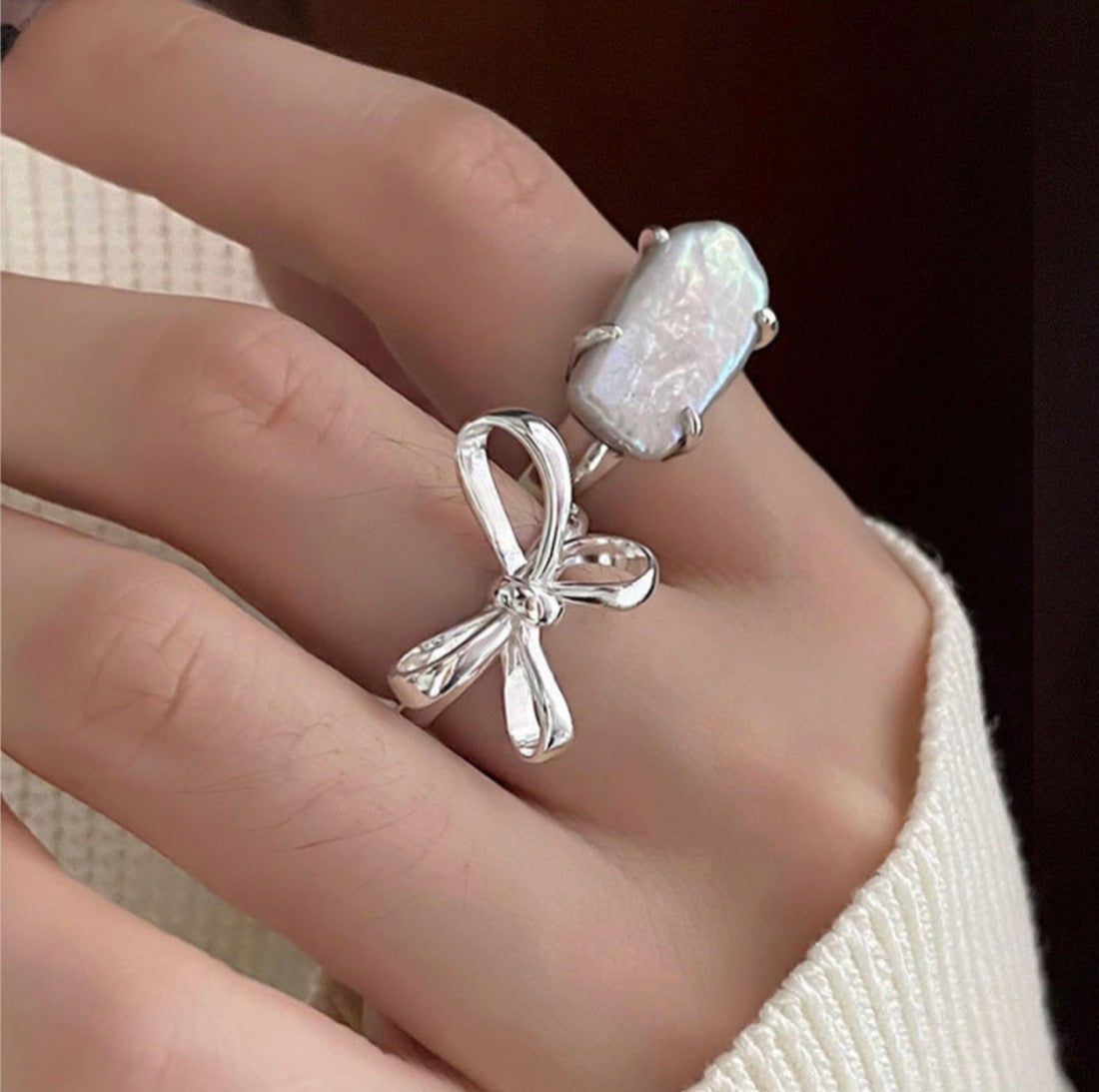 Baroque Pearl & Bow Open Ring Set